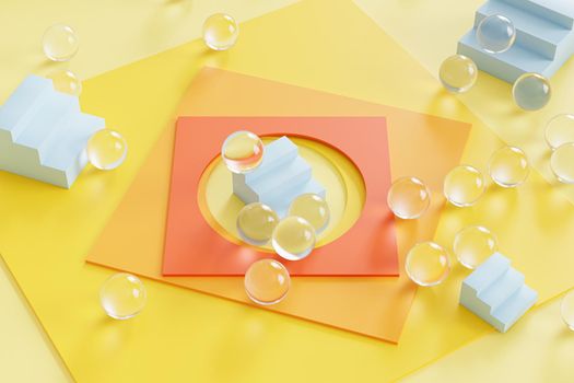 Abstract geometric yellow background with square shaped paper cards, blue stairs and glass spheres. 3d rendering illustration.