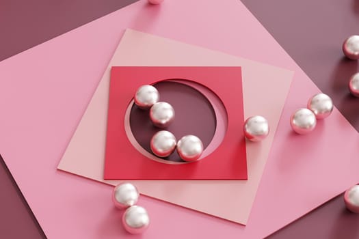 Abstract geometric pink background with square shaped paper cards and metallic spheres. 3d rendering illustration.