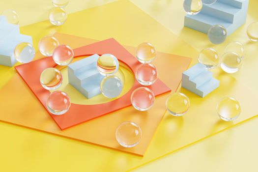 Abstract geometric yellow background with square shaped paper cards, blue stairs and glass spheres. 3d rendering illustration.