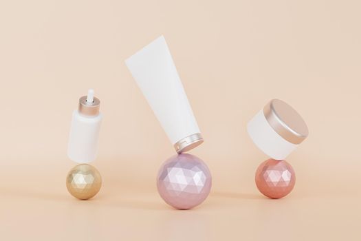 Mockup dropper bottle, lotion tube and cream jar for cosmetics products or advertising balancing on metallic spheres, 3d illustration render