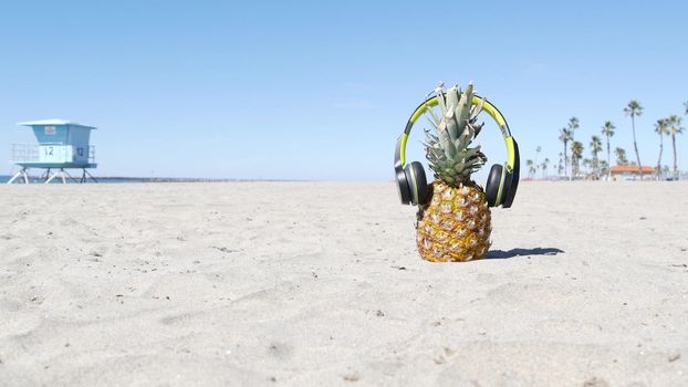 Funny pineapple in headphones, sandy ocean beach by blue lifeguard hut, California USA, Pacific coast. Tropical summer exotic fruit enjoying vacations and music in paradise. Ananas sunbathing on shore