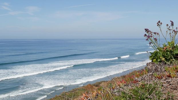 Seascape vista point, viewpoint in Del Mar near Torrey Pines, California coast USA. Frome above panoramic ocean tide, blue sea waves, steep eroded cliff. Coastline overlook, shoreline high angle view