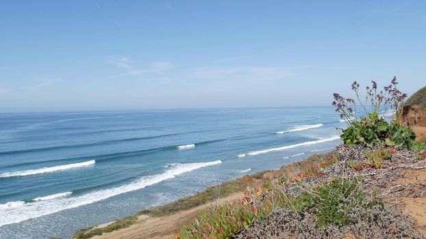 Seascape vista point, viewpoint in Del Mar near Torrey Pines, California coast USA. Frome above panoramic ocean tide, blue sea waves, steep eroded cliff. Coastline overlook, shoreline high angle view