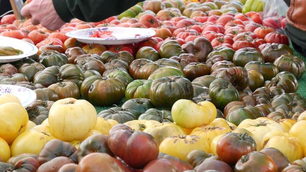 Organic vegetables on counter, fresh local produce homegrown raw veggies on marketplace stall. Healthy vegetarian food, Farmers market in Oceanside California USA. Agricultural farm harvest selling.