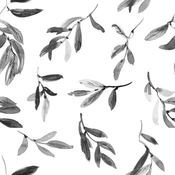 Watercolor and ink illustration of tree leaves - seamless pattern. Oriental traditional painting in style sumi-e, u-sin. Grayscale leaves on white background.