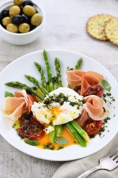 Best Eggs Benedict - Poached eggs with prosciutto, asparagus, sun-dried tomatoes and pesto