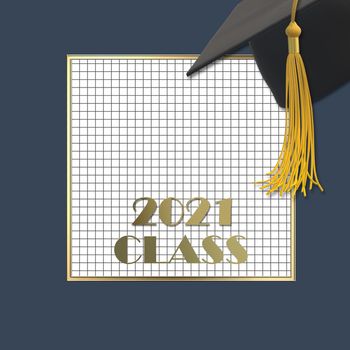 Graduation 2021. Graduation 2021 cap with tassel. Gold text 2021 class on squared grid paper. Education, greetings, achievement concept. Place for text, copy space. 3D illustration