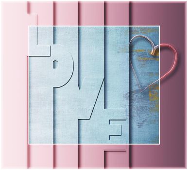 Love Valentine card, modern style, 3D text LOVE and symbol of love gold heart on grey pink pastel background. Trendy elegant design, place for text. 3D rendering