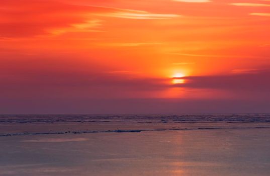 Panorama seascape ice beach. Vladivostok, Primorsky Krai