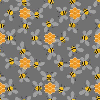 Seamless pattern with bees and honeycombs on color background. Small wasp. Vector illustration. Adorable cartoon character. Template design for invitation, cards, textile, fabric. Doodle style.