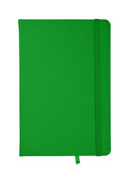 Closed green faux leather cover notebook isolated on white background, flat lay, directly above
