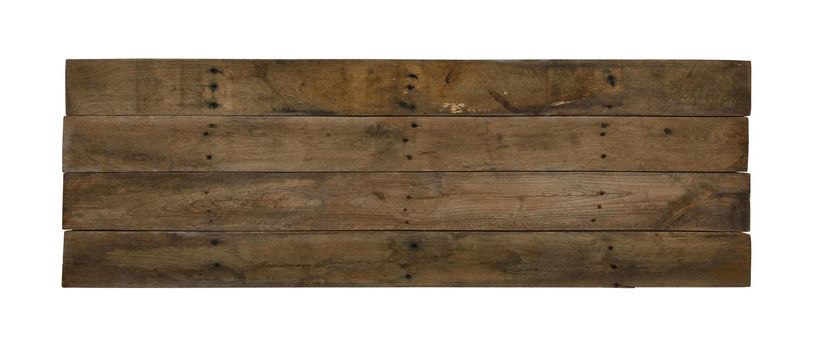 Close up one old weathered grunge brown wooden board isolated on white background