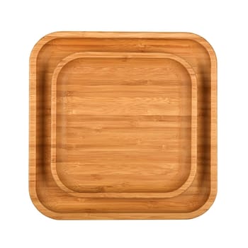 Close up set of two empty brown bamboo wooden plates or food trays isolated on white background, elevated top view, directly above