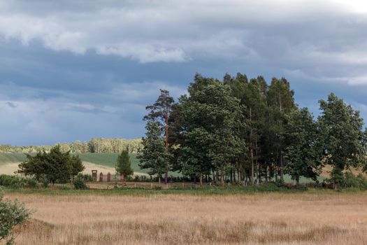 Landscape of old burying ground and Lithuanian country fields