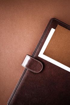 Productivity, work and corporate lifestyle concept - Vintage business briefcase on the office table desk, flatlay background