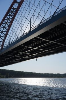 Natural landscape with a river and a bridge in the light of the contour. Novosibirsk, Russia