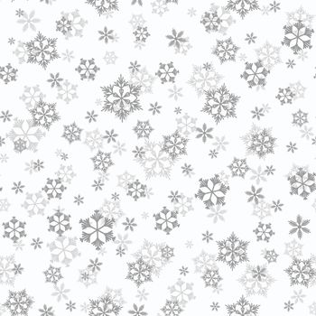 Winter seamless pattern with grey snowflakes on white background. Vector illustration for fabric, textile wallpaper, posters, gift wrapping paper. Christmas vector illustration. Falling snow.