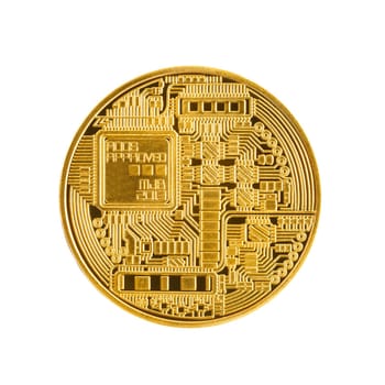 Close up back golden bitcoin symbol isolated on white background