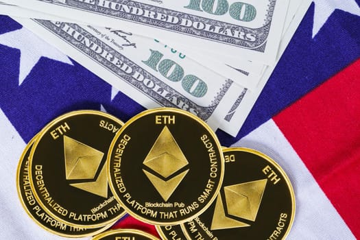 Crypto currency concept. Gold Ethereum coin and banknote on flag of United States of America USA