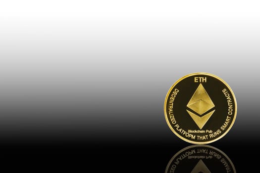 Close up golden ethereum symbol isolated on black background