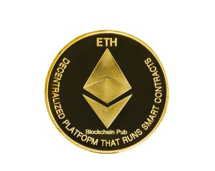 Close up golden ethereum symbol isolated on white background