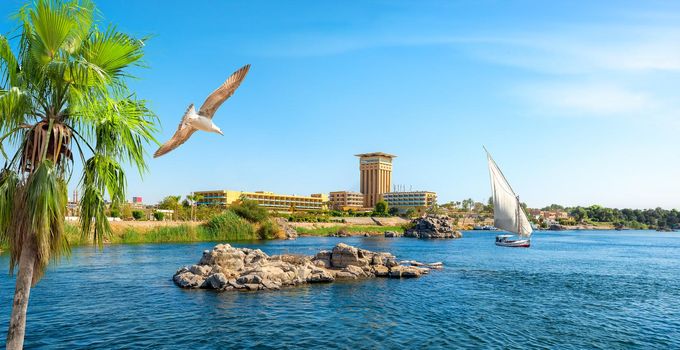 View of Aswan city on river Nile in summer day