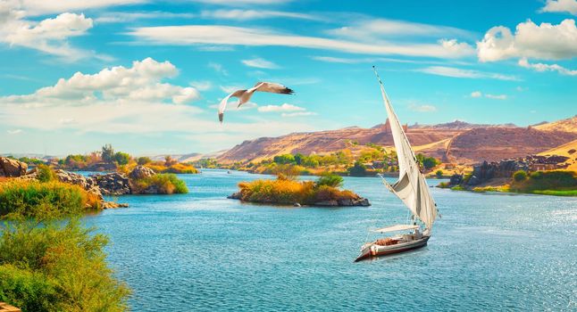 Travel on sailboat in Aswan at Nile river