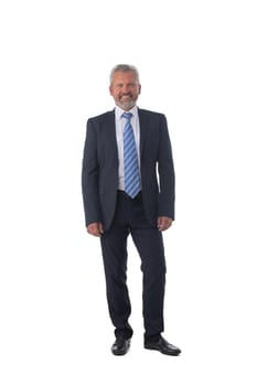 Full length portrait of confident male senior business man worker isolated on white background