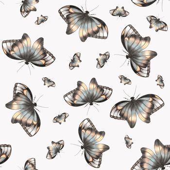 Hand-Drawn Seamless Pattern of Gray and Yellow Colored Butterflies of Various Sizes on White Backdrop.