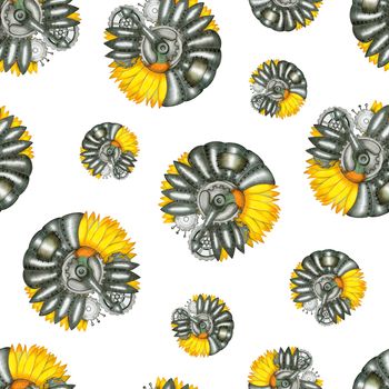 Hand-Drawn Seamless Pattern of Gray and Yellow Colored Steampunk Sunflower of Various Sizes on White Backdrop.
