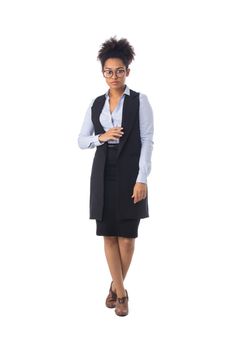 Full length portrait of African American black mixed race attractive young businesswoman student isolated on white background