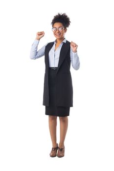 Full length portrait of African American black mixed race attractive young businesswoman student cheering with her arms raised isolated on white background