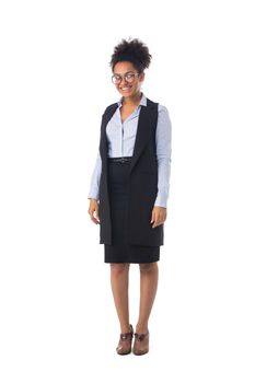 Full length portrait of African American black mixed race attractive young businesswoman student standing isolated on white background
