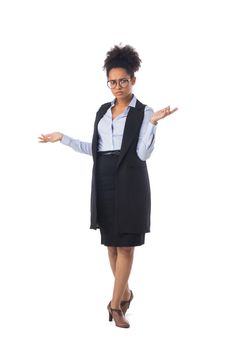 Portrait of confused clueless fruastrated African American black mixed race attractive young businesswoman student shrug hands isolated on white background