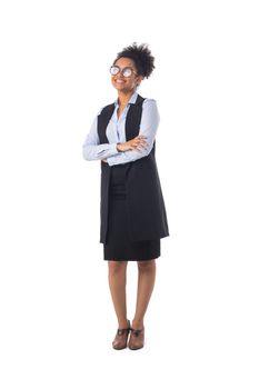 Full length portrait of African American black mixed race attractive young businesswoman student standing with arms folded isolated on white background