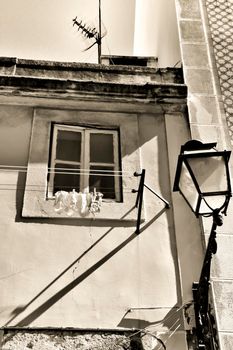 Old and typical facade in the street of Lisbon
