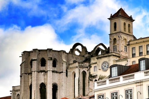 Lisbon, Portugal- March 16, 2019: Arcades, pillars and facade of Do Carmo convent in Lisbon, Portugal