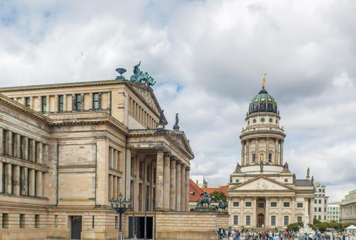 Gndarmenmark is historical square with French Church and a Konzerthaus Berlin in Berlin downtown, Germany