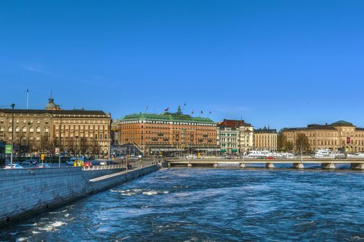 View of embankment in central Stockholm with Grand hotel, Sweden