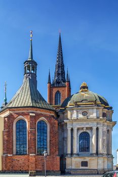 The Riddarholm Church is the burial church of the Swedish monarchs. It is located on the island of Riddarholmen. View from apse