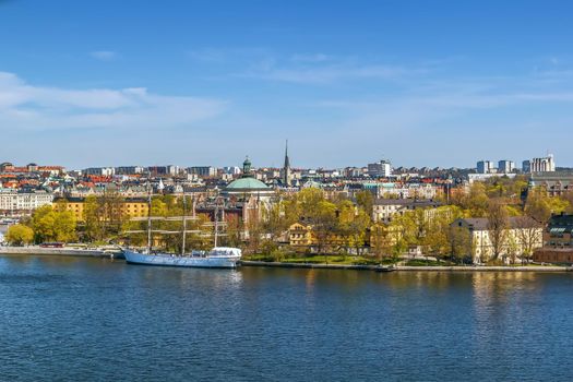 View of Stockholm (Skeppsholmen island) with af Chapman (ship) from Katarina Elevator, Sweden