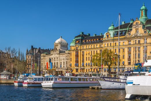 View of Strandvagen with Royal Dramatic Theatre, Stockholm, Sweden