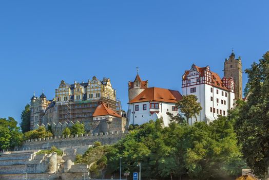 View of Renaissance castle from Saale river in Bernburg, Germany