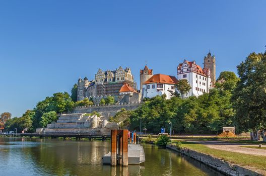 View of Renaissance castle from Saale river in Bernburg, Germany