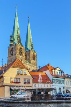 Saint Nicholas church and fountain in Quedlinburg downtown, Germany
