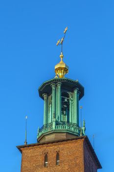 Stockholm City Hall is the building of the Municipal Council for the City of Stockholm in Sweden. tower with Three Crowns