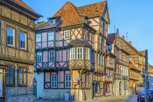 Sstreet with historical half-timbered houses in Quedlinburg, Germany