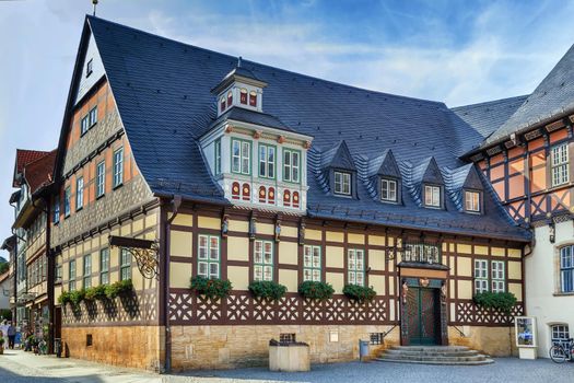 Street with historical houses in the downtown of Vernigerode, Germany