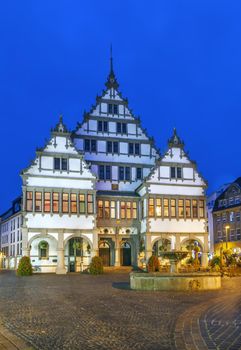 In the evening. The Renaissance town hall was constructed in 1616 on a market square of the city of Paderborn, Germany.