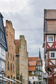 Street with picturesque ancient half-timbered houses in the Fritzlar, Germany